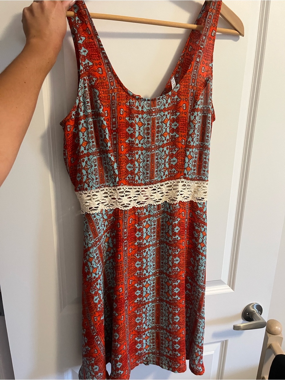 Sleeveless Red Patterned Crochet-Waist Summer Dress